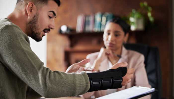Talking to attorneys | tycoonstory media Man discussing his injury case with a lawyer while showing his arm brace during a legal consultation.