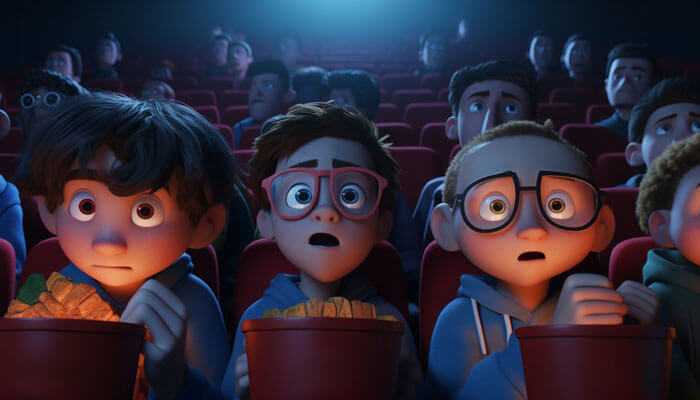 A boost to your emotional intelligence - tycoonstory | tycoonstory media Group of children in a dark movie theater looking surprised while holding popcorn as they watch an intense animated scene.