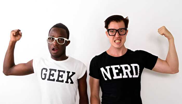 How funny t-shirts impact social interactions 1 | tycoonstory media Two men posing confidently in funny t-shirts labeled “geek” and “nerd,” wearing glasses and making strong-arm gestures against a plain white background.