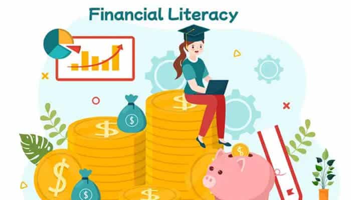 Increased financial literacy - tycoonstory | tycoonstory media A woman learning about financial literacy with an illustration of loan calculators, graphs, and currency symbols, representing the impact of financial planning.