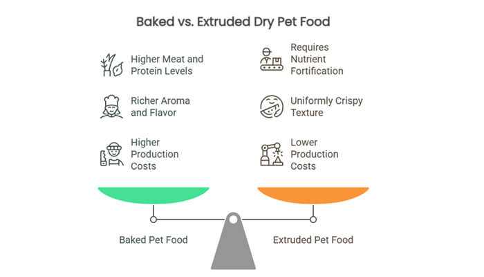 Key differences between baked and extruded dry pet food | tycoonstory media Large industrial pet food extruder machine used in manufacturing, highlighting the process difference in baked vs extruded dry pet food.