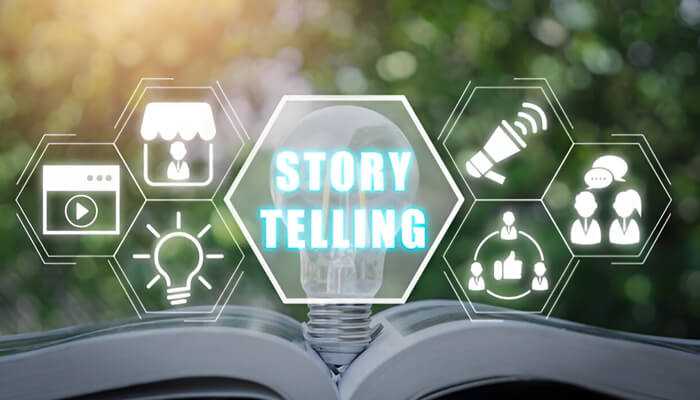 Storytelling in social media 1 | tycoonstory media Visual concept of storytelling in a social media campaign with icons for content, engagement, and branding.