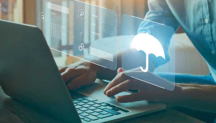 Types of coverage available 1 | tycoonstory media Person using a laptop with a digital umbrella icon representing online services in the pet insurance business sector.