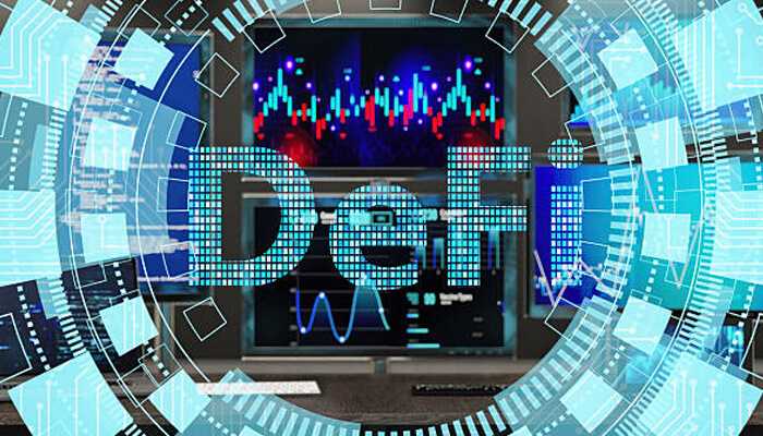 What are some defi investment strategies to follow | tycoonstory media A high-tech control room with digital screens and a defi graphic overlay, indicating the analysis and monitoring of defi tokens in financial markets.