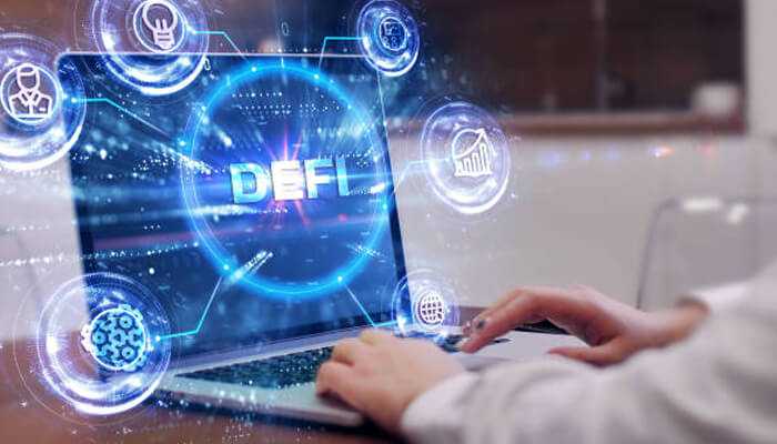 What are the things to consider when selecting a defi platform | tycoonstory media A person using a laptop with a glowing defi interface and virtual icons, representing real-time trading and interaction with defi tokens.