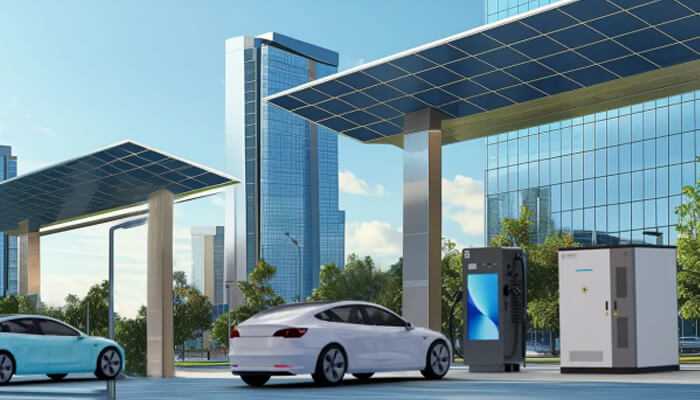 Use solar charging | tycoonstory media A solar-powered electric vehicle charging station in an urban setting, demonstrating the use of renewable energy for eco-friendly vehicle charging.