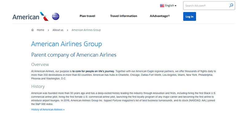 American airlines group - tycoonstory | tycoonstory media American airlines group'About Us' page, showcasing their purpose, overview, and history, including their role as the parent company of American Airlines.