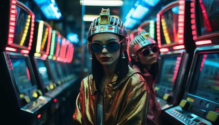Best practices for igaming affiliate success - tycoonstory | tycoonstory media Models in futuristic attire pose in a casino surrounded by slot machines, representing the vibrant world of affiliate marketing in igaming.