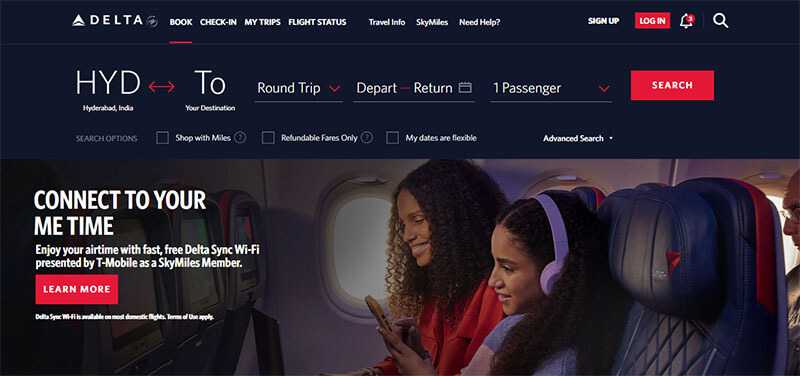 Delta airlines - tycoonstory | tycoonstory media Delta airlines flight booking page with options for a round-trip flight from hyderabad, india, showing passengers enjoying in-flight entertainment.
