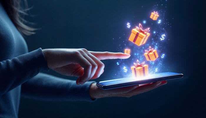 Free credit via customer support claim - tycoonstory | tycoonstory media A hand holding a phone with floating animated gifts and dollar symbols, signifying free credit no deposit casino bonuses in a digital environment.