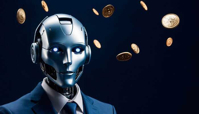Key use cases for ai agents in crypto - tycoonstory | tycoonstory media A sleek robot in a suit with glowing blue eyes, standing against a dark background with golden crypto coins floating around—representing professional ai agents in crypto.