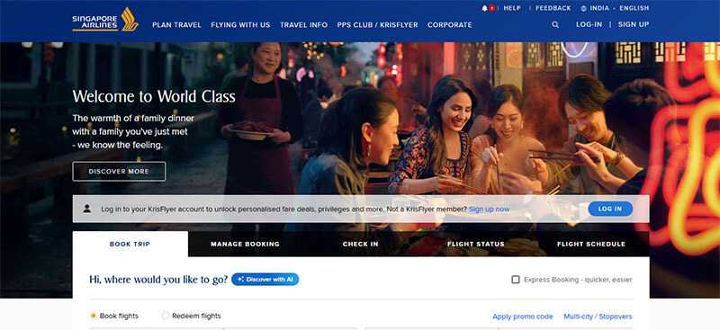 Singapore airlines - tycoonstory | tycoonstory media Singapore airlines homepage inviting users to book trips with a family-oriented promotional image from singapore.