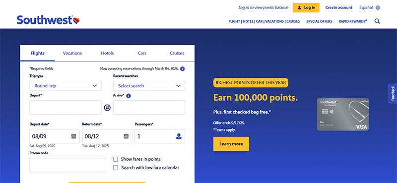 Southwest airlines - tycoonstory | tycoonstory media Southwest airlines booking page highlighting flight search with dates, traveler information, and points offer.