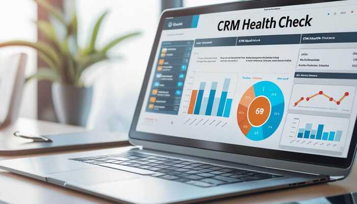 Crm health check Laptop screen displaying analytics dashboard for crm health check showing charts and performance metrics.