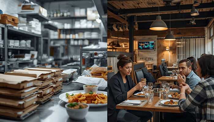 Ghost kitchens Interior view of a ghost kitchens with stacked takeout boxes on the left, and a dining scene on the right showing customers enjoying meals in a modern, cozy restaurant.