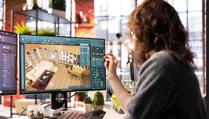 Design controls that work in a live building - tycoonstory | tycoonstory media Facility management professional reviewing a virtual model of a modern office space, optimizing layouts and designs for efficiency and functionality.