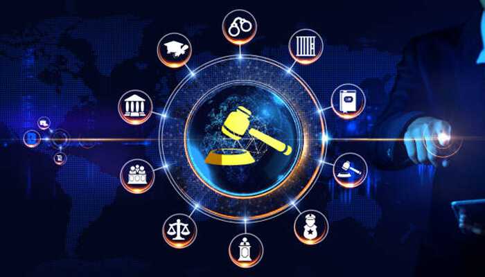 Legal world Digital illustration of the legal world with icons of law, justice, and technology connected around a gavel symbol.