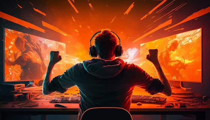 Brazil growing role in igaming and esports - tycoonstory | tycoonstory media A passionate player celebrates victory in front of dual monitors displaying action scenes, symbolizing the energy and excitement of esports and gaming.