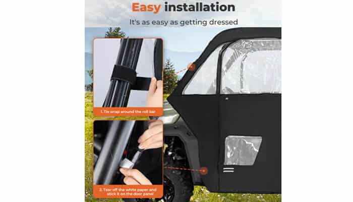 Choosing the right setup for your defender - tycoonstory | tycoonstory media Easy installation of kemimoto soft cab enclosure doors on can-am defender, showing quick roll bar and door panel setup.