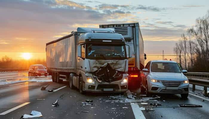 Common causes of truck accidents - tycoonstory | tycoonstory media Damaged truck and car after a highway crash at sunrise, showing the impact and severity of truck accident injuries in major collisions.