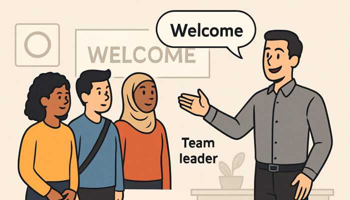 New hire orientation programs An illustration of a team leader welcoming new employees with a smile, representing a positive start through effective new hire orientation programs.
