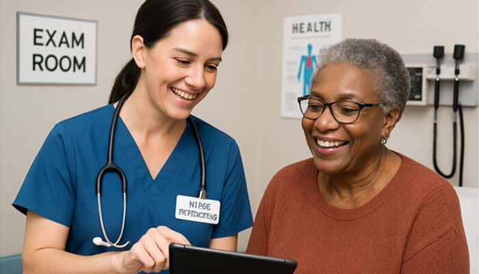 Expanding roles of nurse practitioners - tycoonstory | tycoonstory media A nurse practitioner assisting an elderly patient in an exam room, using a tablet for patient education and care coordination.