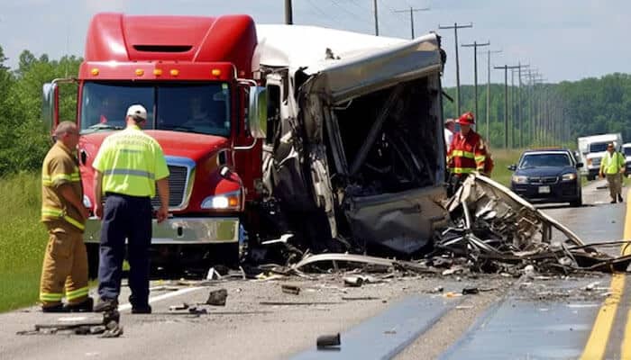 Gathering and preserving evidence - tycoonstory | tycoonstory media Damaged semi-truck after a major highway collision with emergency responders at the scene, representing evidence for a truck accident claim case.