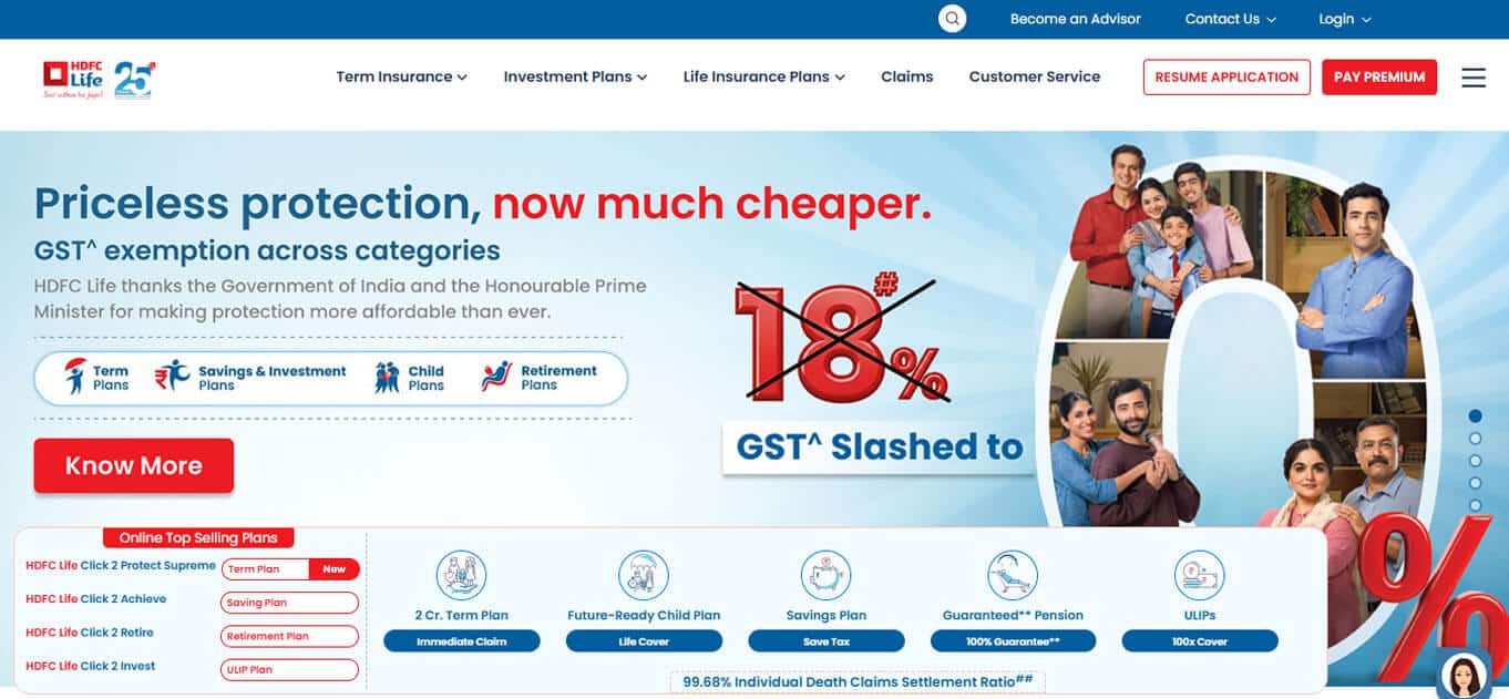 Hdfc life - tycoonstory | tycoonstory media Hdfc life website showcasing term insurance plans in india with premium discounts, gst exemption, and multiple plan categories like savings and retirement.