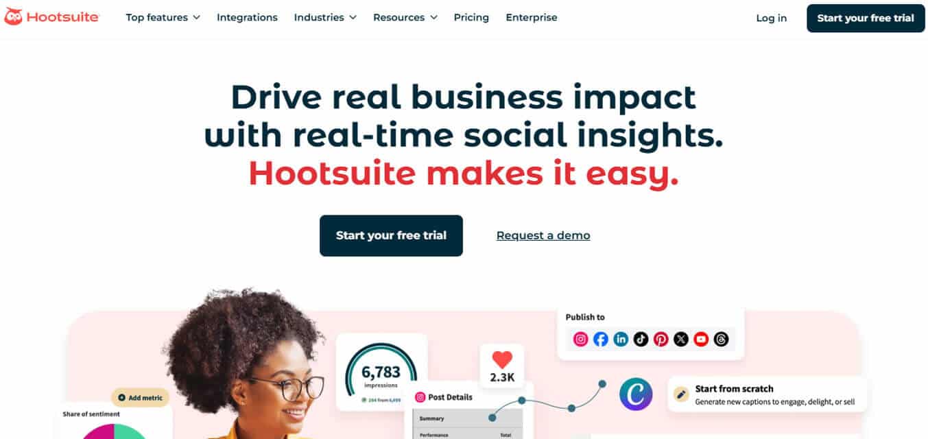 Hootsuite - tycoonstory | tycoonstory media Hootsuite homepage screenshot – hootsuite website highlighting real-time social insights and tools for multi-platform social media management including tiktok scheduling.