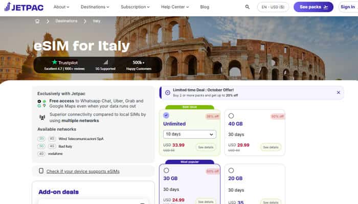 Best esim for italy A webpage from jetpac showing mobile data plans and offers for travelers, highlighting options to choose the best esim for italy with various data packages and network coverage.