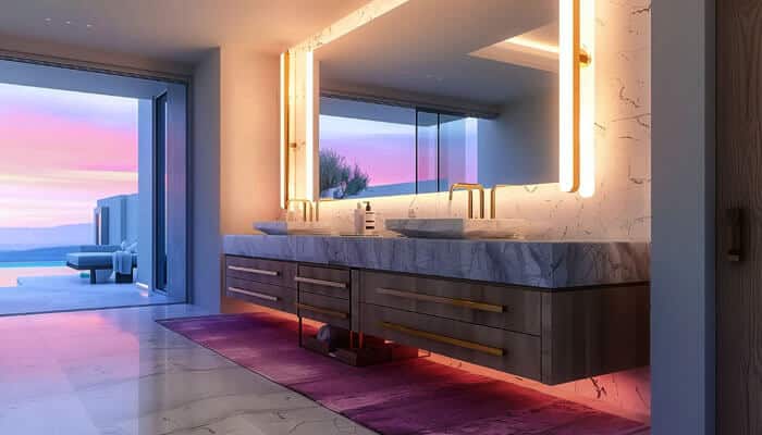 Lighting mirror and power small tweaks big usability - tycoonstory | tycoonstory media Luxury bathroom with a marble 42 inch vanity, backlit mirrors, and ocean-view ambience at sunset, highlighting elegant modern design.