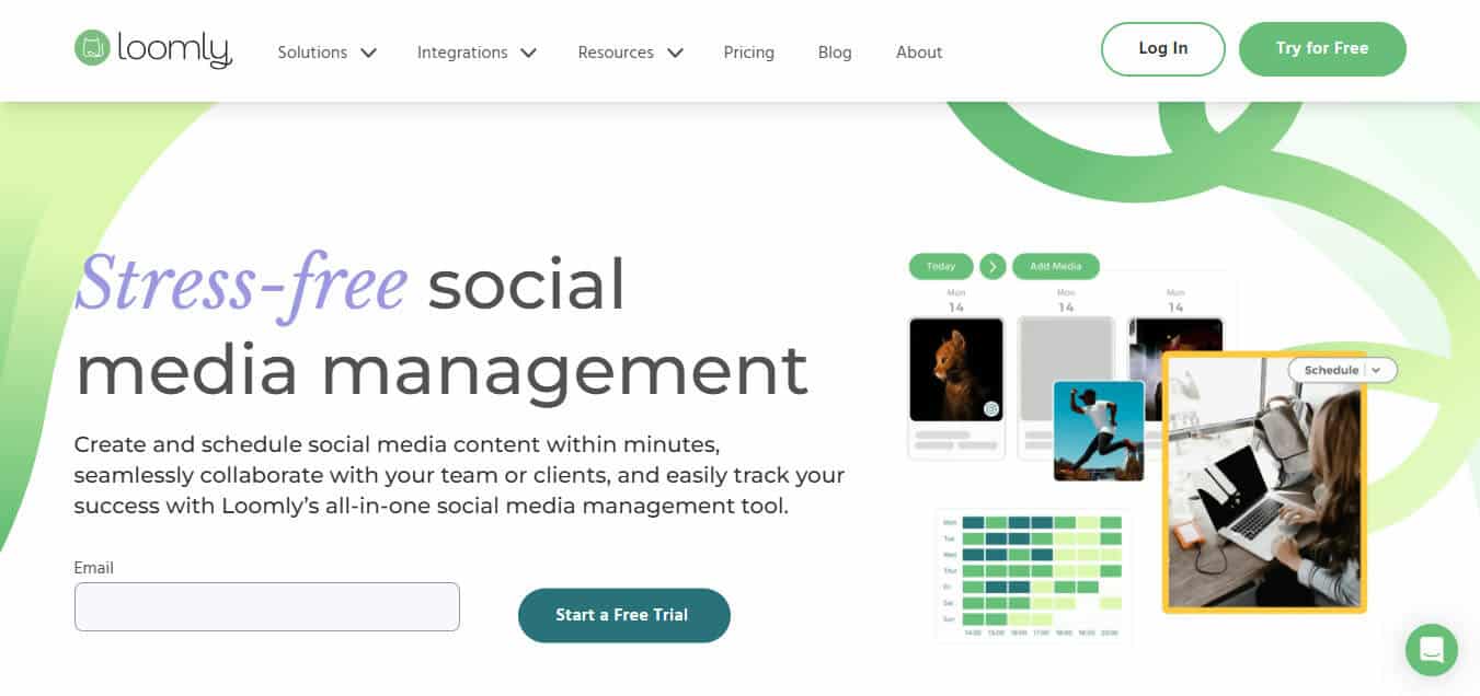 Loomly - tycoonstory | tycoonstory media Loomly homepage screenshot – loomly website displaying stress-free social media management features with content calendar and collaboration tools.
