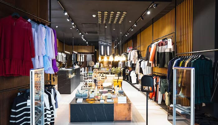 Reach scalability and operating hours - tycoonstory | tycoonstory media Retail vs e-commerce comparison illustrated with a modern clothing retail store interior showcasing fashion products.