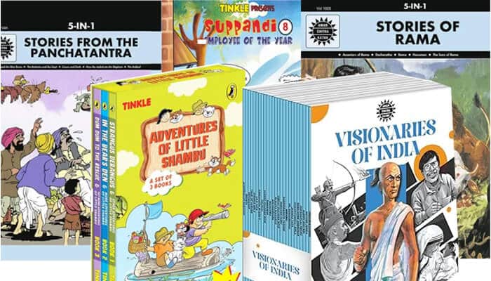 Amar chitra katha A colorful collection of comic books including titles like stories from the panchatantra, suppandi, and visionaries of india, showcasing the rich storytelling heritage of amar chitra katha and tinkle publications.