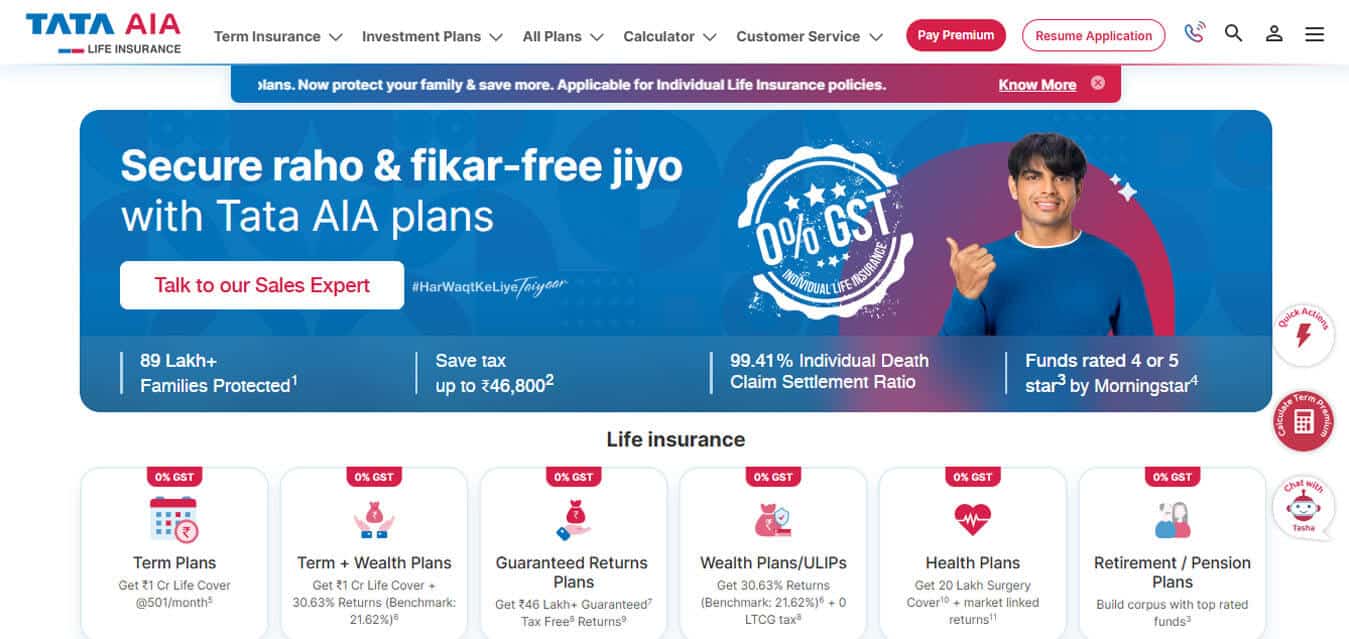 Tata aia - tycoonstory | tycoonstory media Term insurance plans in india by tata aia featuring 0% gst, flexible life cover, and high claim settlement ratio.