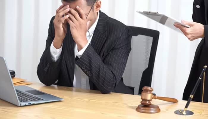 Ams law group Stressed man sitting at a desk with legal documents and a gavel nearby, representing the challenges involved in personal injury claims at ams law group.