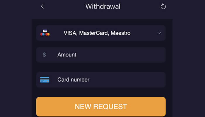 | tycoonstory media Eo broker review displaying a withdrawal screen with visa, mastercard, and maestro payment options in a trading platform.