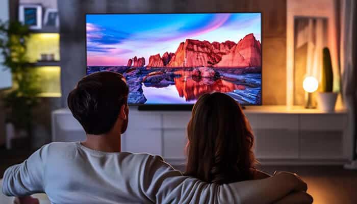 Audio performance considerations - tycoonstory | tycoonstory media Couple watching a vivid 43 inch 4k ultra hd smart tv showing colorful mountain scenery in a cozy living room setting.