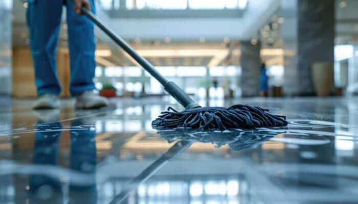 Chemical resistance that actually means something - tycoonstory | tycoonstory media Maintenance worker cleaning polished commercial floors, highlighting easy maintenance and slip-resistant surface quality.