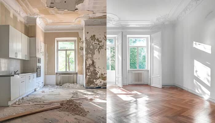 Embrace the mess - tycoonstory | tycoonstory media Before and after home renovation showing transformation from damaged walls to a polished modern interior — symbolizing entrepreneurial growth and rebuilding success.