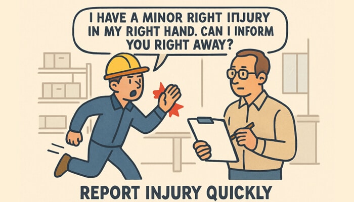 Workplace injuries in henderson An illustrated worker holding his injured right hand and reporting it to a supervisor with a clipboard, emphasizing the importance of reporting workplace injuries in henderson quickly.