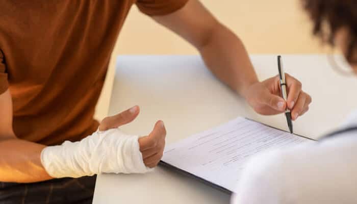 Pedestrian accident | tycoonstory media Injured person with a bandaged hand completing paperwork after a pedestrian accident