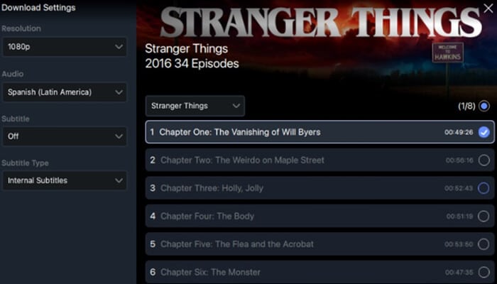 Netflix account within keeprix 1 | tycoonstory media Stranger things episode list displayed in a download settings panel, reflecting demand for netflix mp4 download and episode storage preferences.