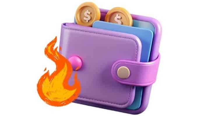Hot xrp wallet Purple wallet with coins and a fire icon, representing financial risk or high spending pressure.