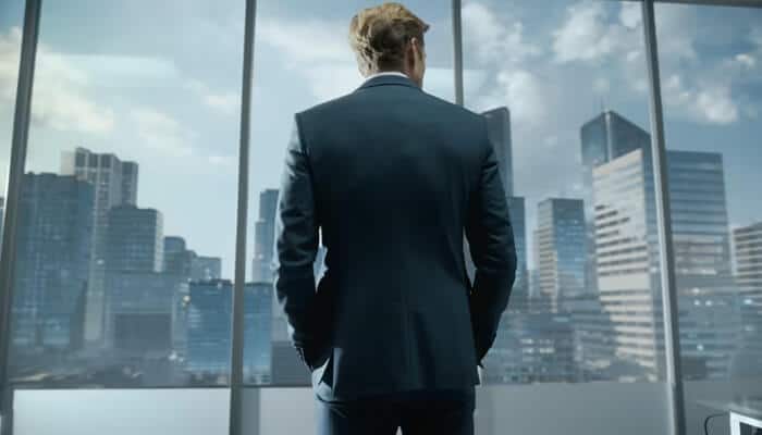Building infrastructure before chasing growth 1 | tycoonstory media A man in a suit standing with his back to the camera, looking out over a modern city skyline, used to illustrate leopoldo alejandro betancourt lópez’s vision of corporate leadership and growth.