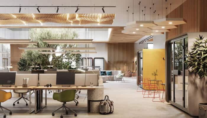 Office design Contemporary office design showcasing an open-plan workspace with wooden ceiling accents, indoor plants, modern desks and chairs, collaborative seating areas, and large glass partitions creating a warm, creative office environment.