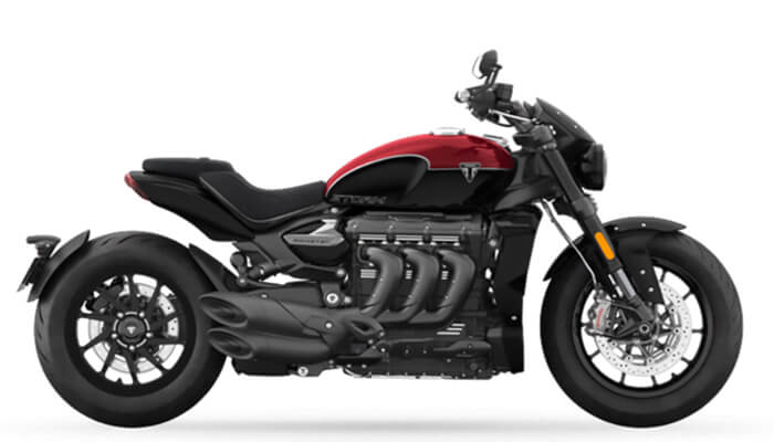 Triumph rocket 3 storm r A powerful red-and-black triumph motorcycle shown in a side profile on a white background, used to illustrate details related to the triumph on-road price.