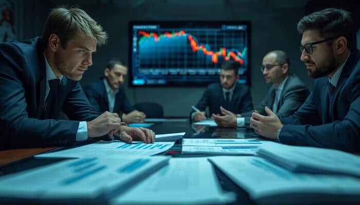 Financial fallout and funding gaps 1 | tycoonstory media A tense meeting between startup founders and duis as they discuss the financial impact of a founder's DUI on funding and trust, with a declining stock chart on the screen.