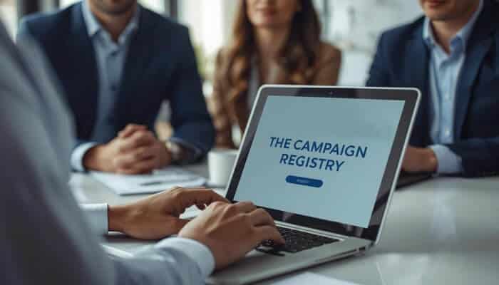 The campaign registry A business meeting where professionals sit around a table while one person uses a laptop displaying the campaign registry, highlighting its role in managing and registering messaging campaigns for businesses.