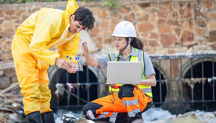 Wastewater certifications A worker in a yellow suit handing wastewater samples to a colleague in a reflective vest and helmet, with a laptop on-site for analysis related to wastewater certifications.